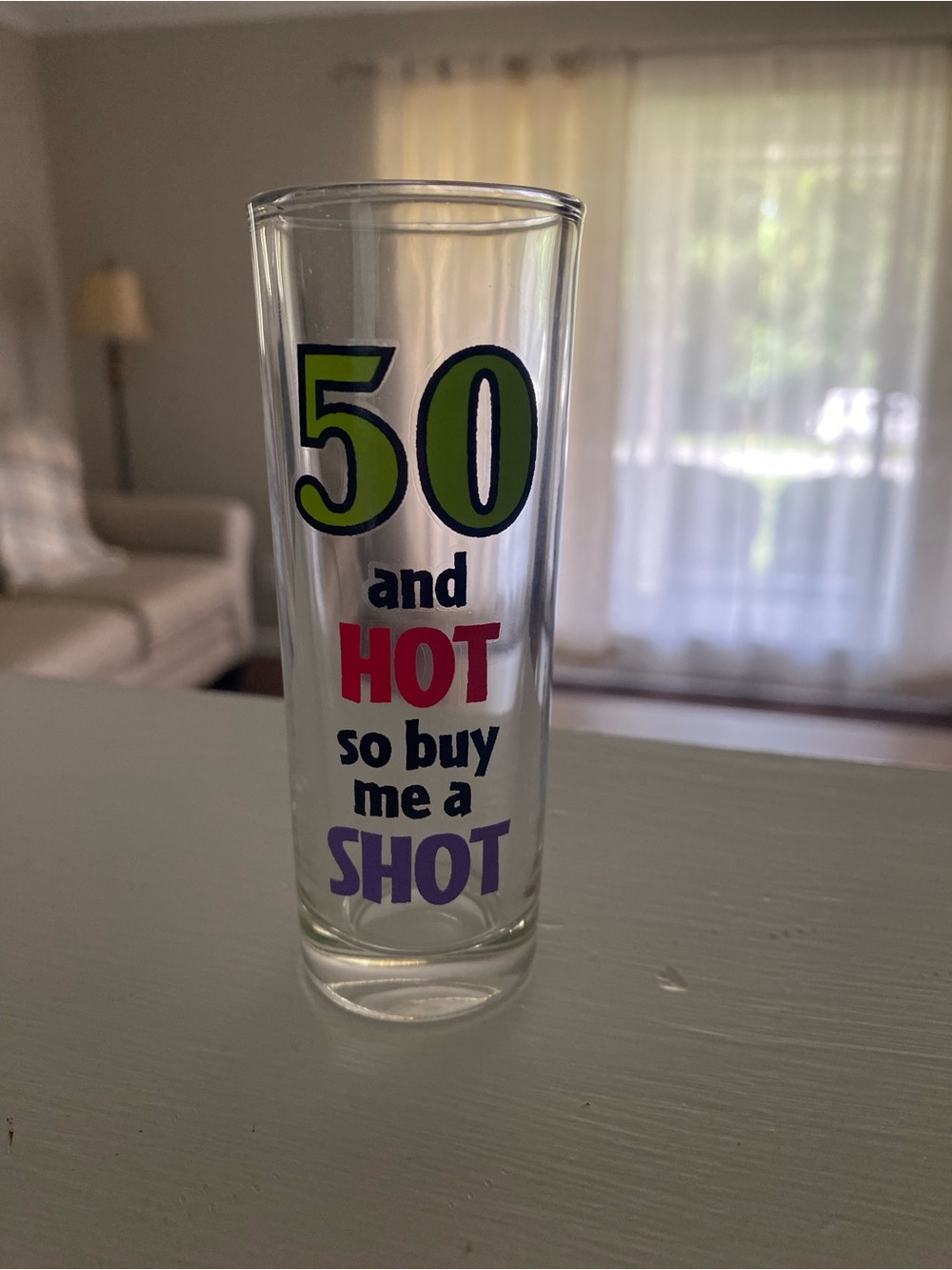 🌸 "50 and HOT so buy me a SHOT" Novelty Shot Glass